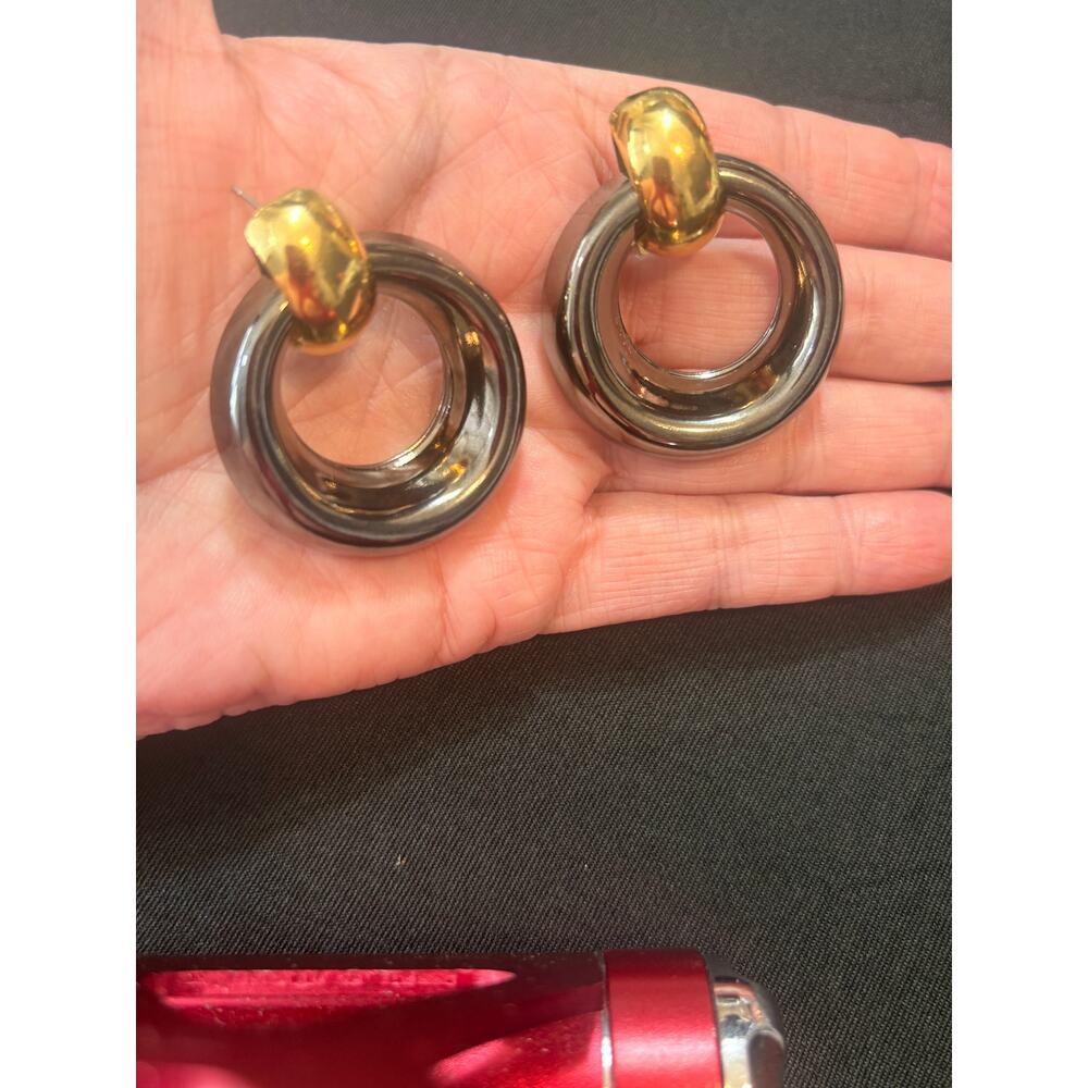 Vintage Door Knocker Earrings Gold Tone Black Metal Statement 1980s